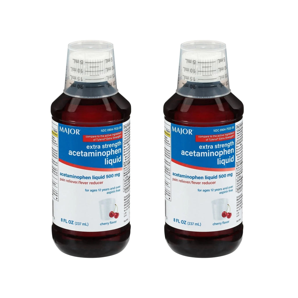 MAJOR Adult Extra Strength Liquid Acetaminophen 500mg - Helps Relieve Pain and Reduce Fevers - Aspirin Free - Cherry Flavor - 8 Fl Oz (2 Pack) - TrustMedUSA