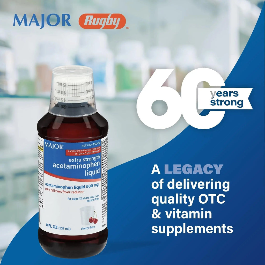 MAJOR Adult Extra Strength Liquid Acetaminophen 500mg - Helps Relieve Pain and Reduce Fevers - Aspirin Free - Cherry Flavor - 8 Fl Oz (2 Pack) - TrustMedUSA