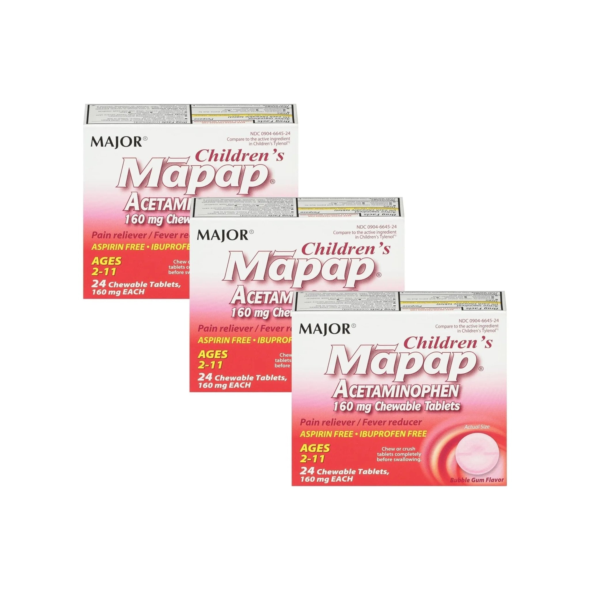 MAJOR Children’s Mapap Acetaminophen 160 mg Chewable Tablets - Pain Reliever/Fever Reducer - Aspirin Free - Ibuprofen Free - for Ages 2 to 11-24 Count (3 Pack) - TrustMedUSA