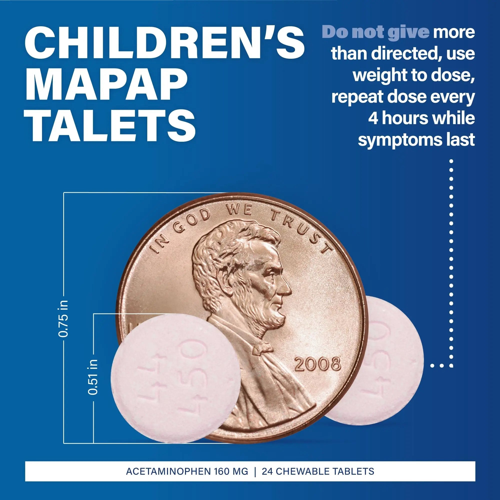 MAJOR Children’s Mapap Acetaminophen 160 mg Chewable Tablets - Pain Reliever/Fever Reducer - Aspirin Free - Ibuprofen Free - for Ages 2 to 11-24 Count (3 Pack) - TrustMedUSA