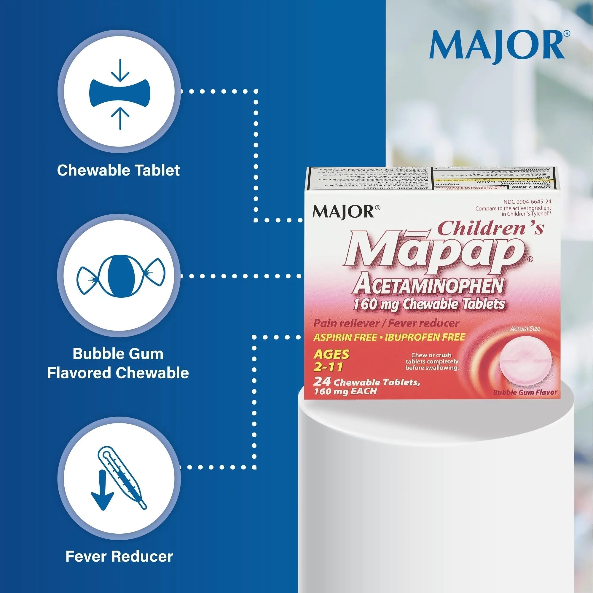 MAJOR Children’s Mapap Acetaminophen 160 mg Chewable Tablets - Pain Reliever/Fever Reducer - Aspirin Free - Ibuprofen Free - for Ages 2 to 11-24 Count (3 Pack) - TrustMedUSA