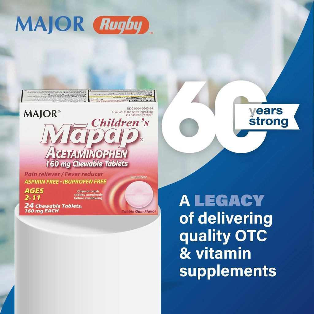 MAJOR Children’s Mapap Acetaminophen 160 mg Chewable Tablets - Pain Reliever/Fever Reducer - Aspirin Free - Ibuprofen Free - for Ages 2 to 11-24 Count (3 Pack) - TrustMedUSA