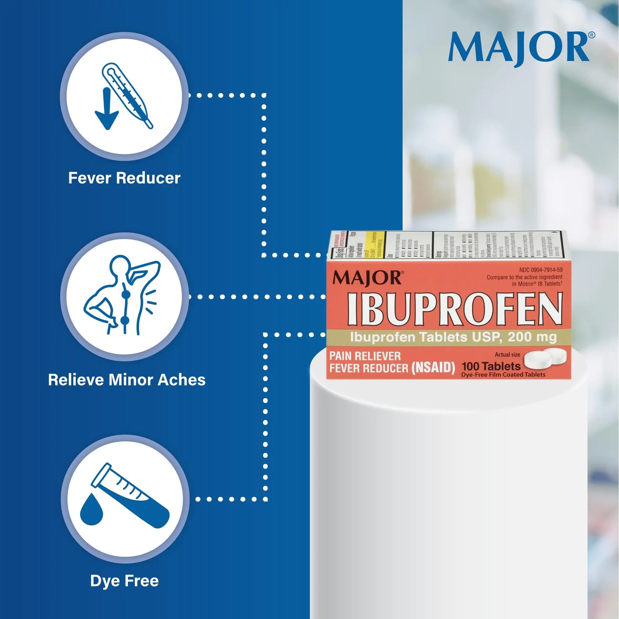MAJOR Dye-Free Ibuprofen Tablets 200 mg - Helps Temporarily Reduce Fevers - Offers Pain Relief - 100 Tablets (1-Pack) - TrustMedUSA