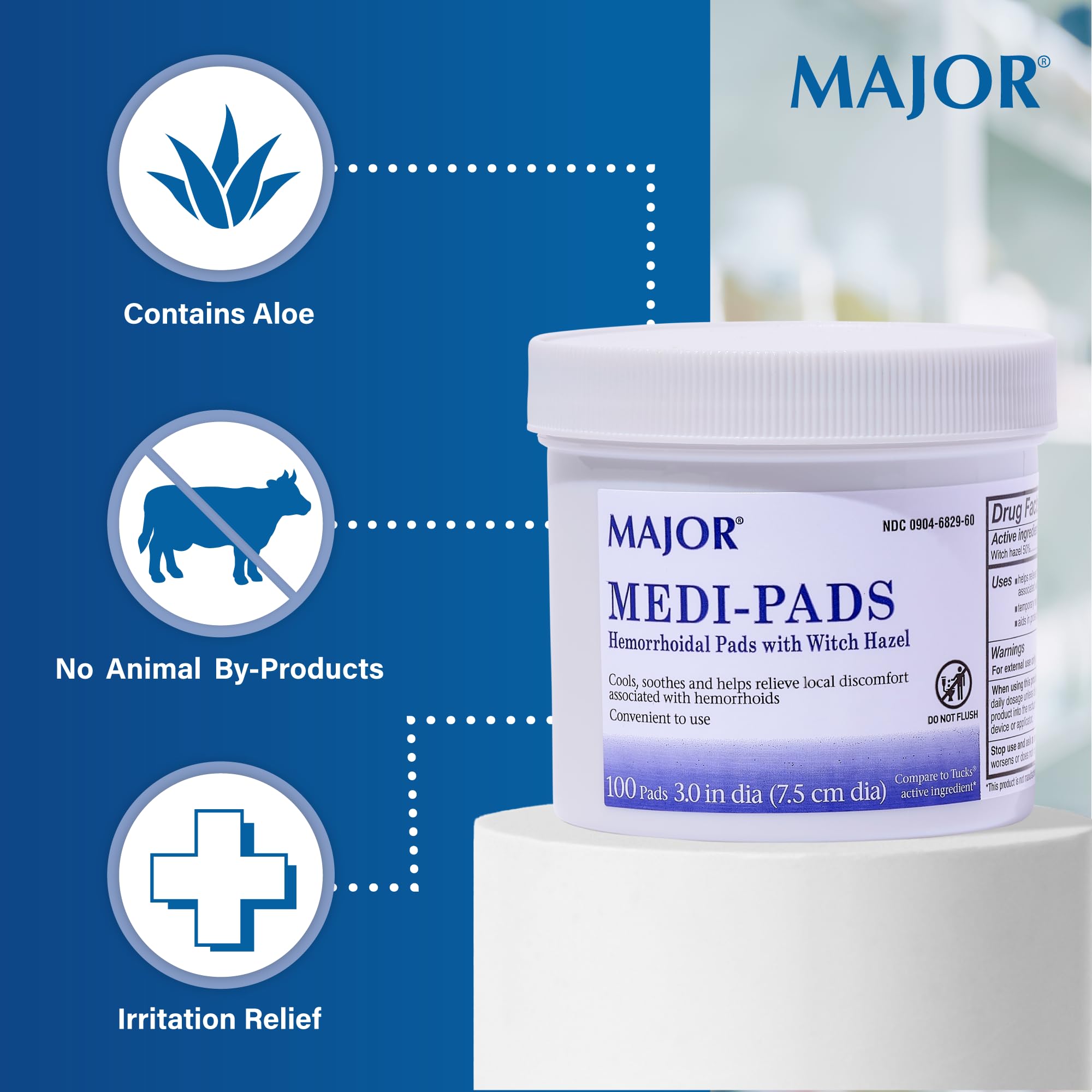 MAJOR Medi-Pads - Hemorrhoidal Hygienic Cleansing Witch Hazel Pads - Cooling Relief with Aloe - 100 Count Jar (1 Pack) - TrustMedUSA