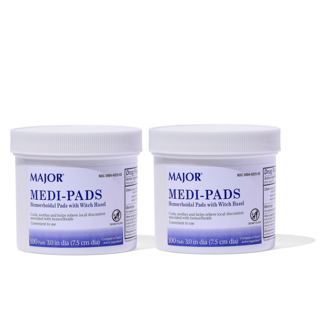 MAJOR Medi-Pads - Hemorrhoidal Hygienic Cleansing Witch Hazel Pads - Cooling Relief with Aloe - 100 Count Jar (2 Pack) - TrustMedUSA