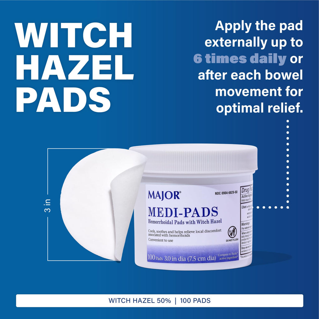 MAJOR Medi-Pads - Hemorrhoidal Hygienic Cleansing Witch Hazel Pads - Cooling Relief with Aloe - 100 Count Jar (2 Pack) - TrustMedUSA