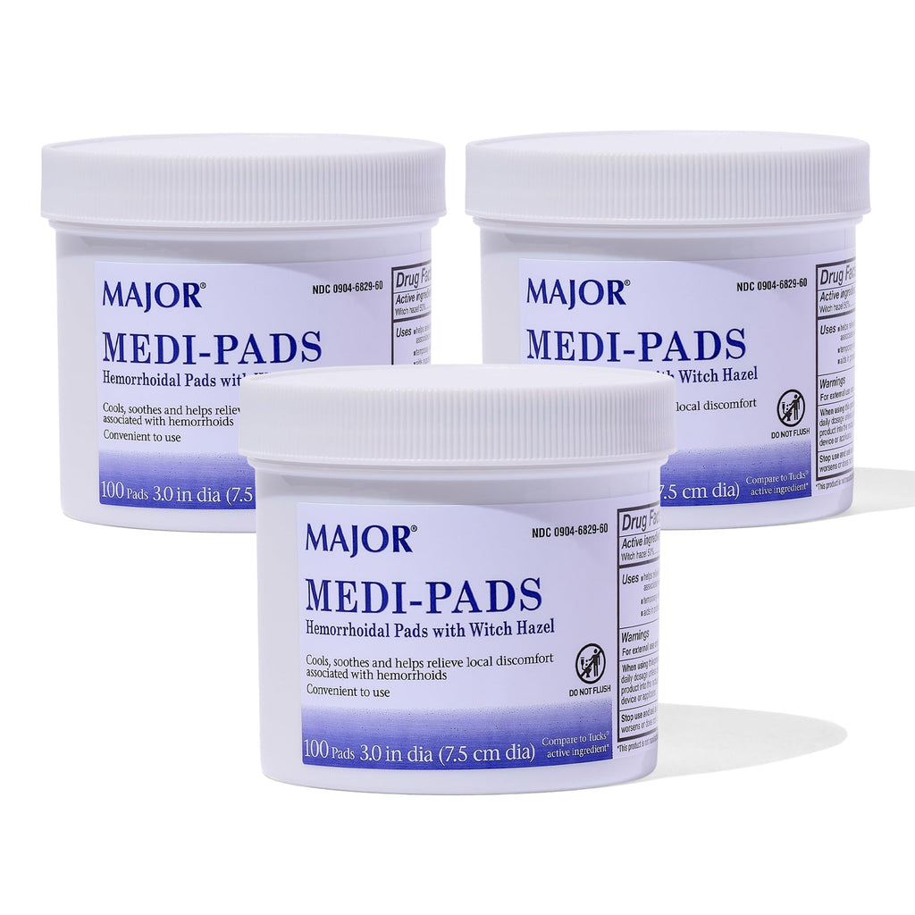MAJOR Medi-Pads - Hemorrhoidal Hygienic Cleansing Witch Hazel Pads - Cooling Relief with Aloe - 100 Count Jar (3 Pack) - TrustMedUSA