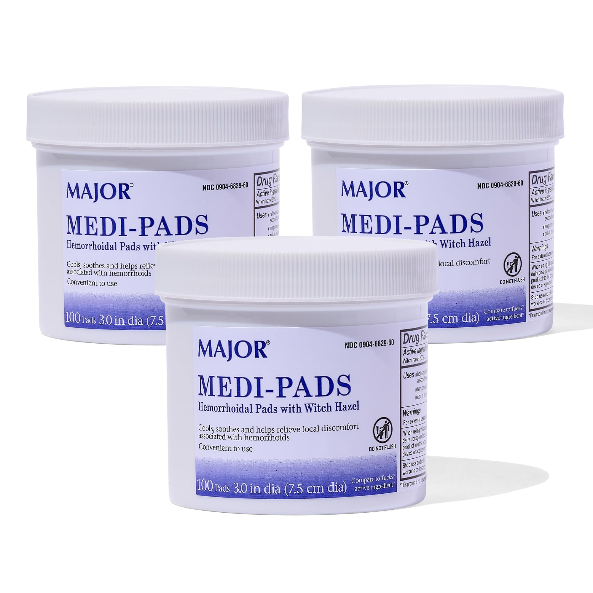 MAJOR Medi-Pads - Hemorrhoidal Hygienic Cleansing Witch Hazel Pads - Cooling Relief with Aloe - 100 Count Jar (3 Pack) - TrustMedUSA
