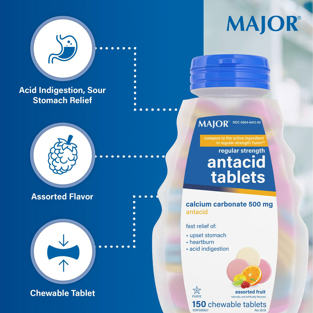 MAJOR Regular Strength Antacid Tablets - Calcium Carbonate 500 mg - Assorted Fruit Flavor - 150 Chewable Count (2 Pack) - Maple Wellness Supplements