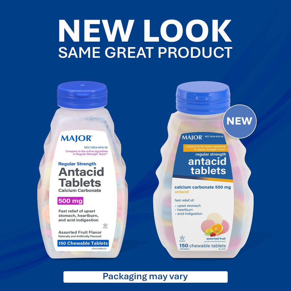 MAJOR Regular Strength Antacid Tablets - Calcium Carbonate 500 mg - Assorted Fruit Flavor - 150 Chewable Count (2 Pack) - Maple Wellness Supplements
