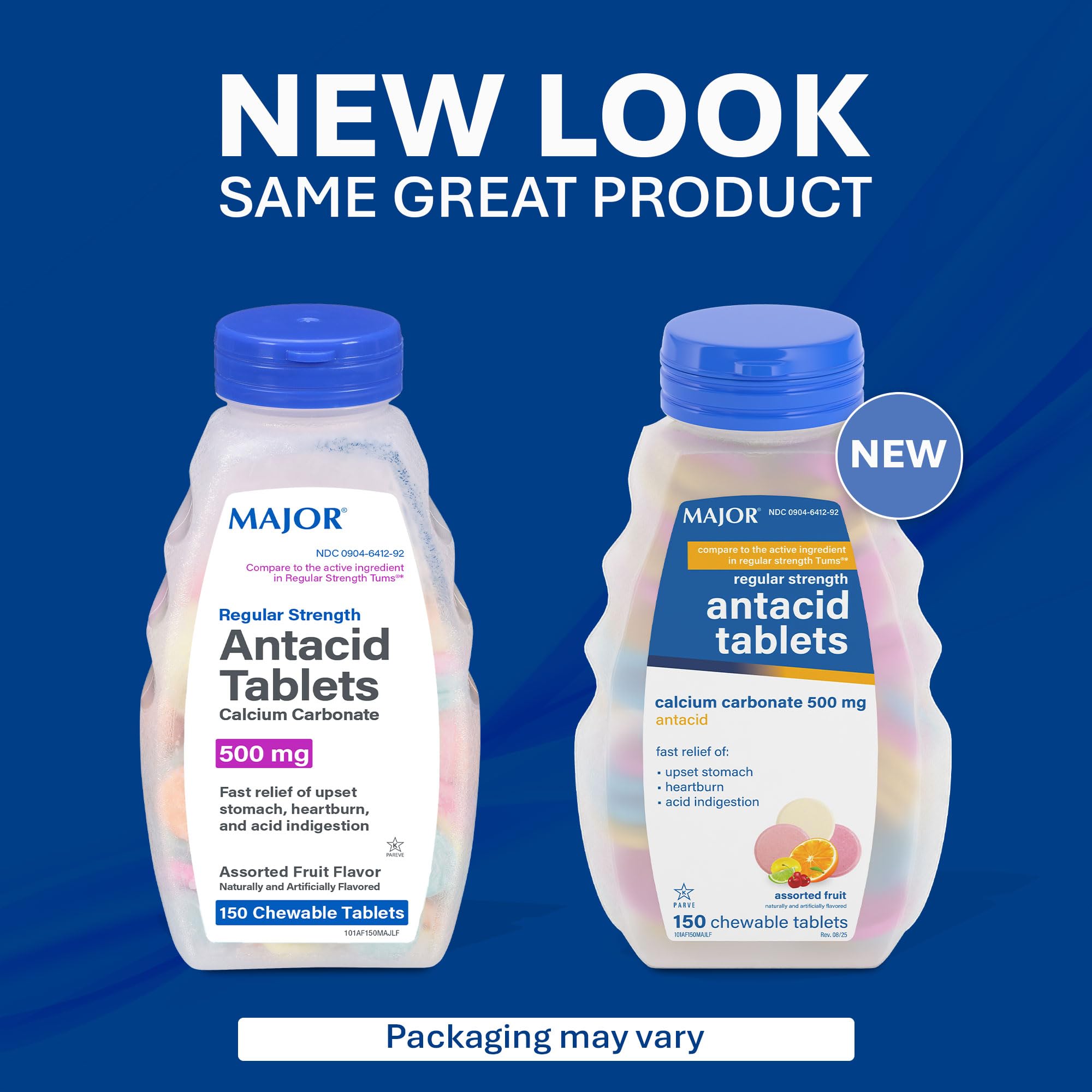 MAJOR Regular Strength Antacid Tablets - Calcium Carbonate 500 mg - Assorted Fruit Flavor - 150 Chewable Count (2 Pack) - Maple Wellness Supplements