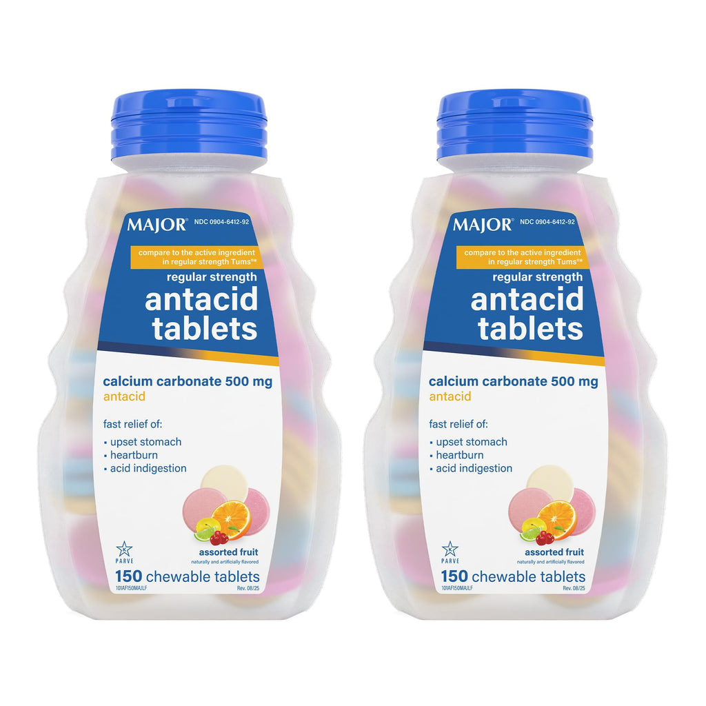 MAJOR Regular Strength Antacid Tablets - Calcium Carbonate 500 mg - Assorted Fruit Flavor - 150 Chewable Count (2 Pack) - Maple Wellness Supplements