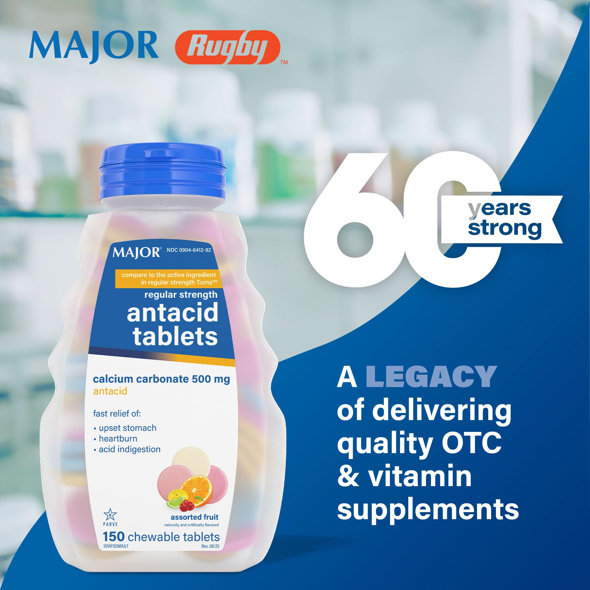 MAJOR Regular Strength Antacid Tablets - Calcium Carbonate 500 mg - Assorted Fruit Flavor - 150 Chewable Count (2 Pack) - Maple Wellness Supplements