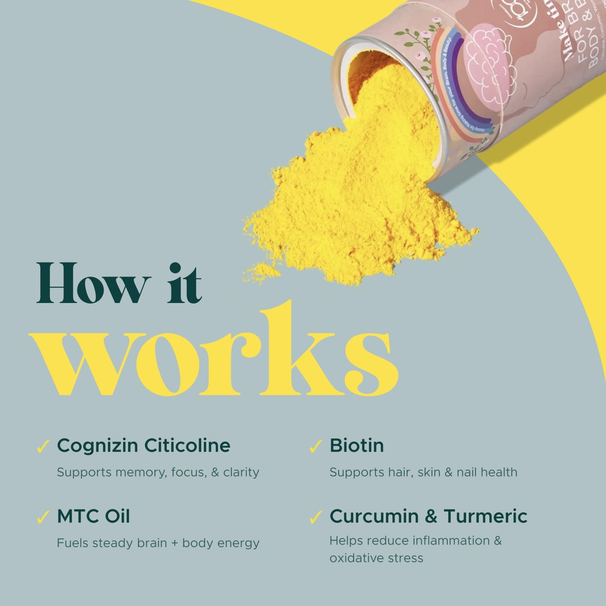 MAKE TIME Brain Health Powder Supplement for Women for Mood, Focus & Energy Boost | Cognizin, Biotin, Vitamin B6, B12, MCTs, Acetyl-L-carnitine, and Curcumin 7.4 oz (30 Servings) - TrustMedUSA