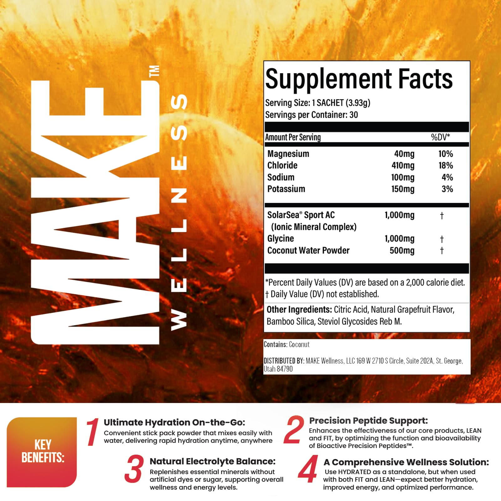 Make Wellness HYDRATED | 30 Servings | Grapefruit Flavor | Supports Hydration & Electrolyte Balance | Bioactive Peptide Blend for Daily Overall Wellness - TrustMedUSA