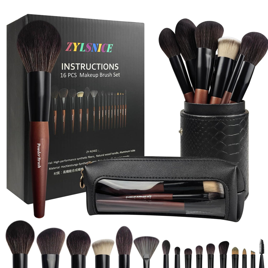 Makeup Brushes 16 Pcs Makeup Brush Set Professional, Wood Handle Travel Make Up Brushes Set with Case, Premium Cruelty-Free Synthetic Fiber Hair Makeup Brush Kit with Holder - TrustMedUSA