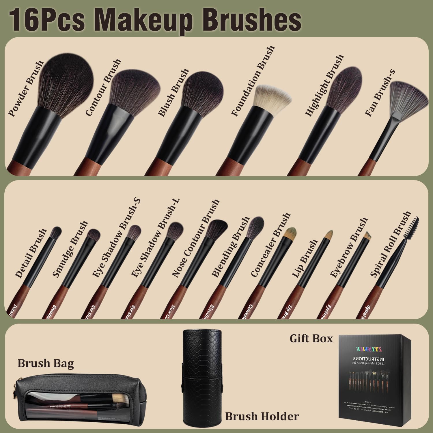 Makeup Brushes 16 Pcs Makeup Brush Set Professional, Wood Handle Travel Make Up Brushes Set with Case, Premium Cruelty-Free Synthetic Fiber Hair Makeup Brush Kit with Holder - TrustMedUSA