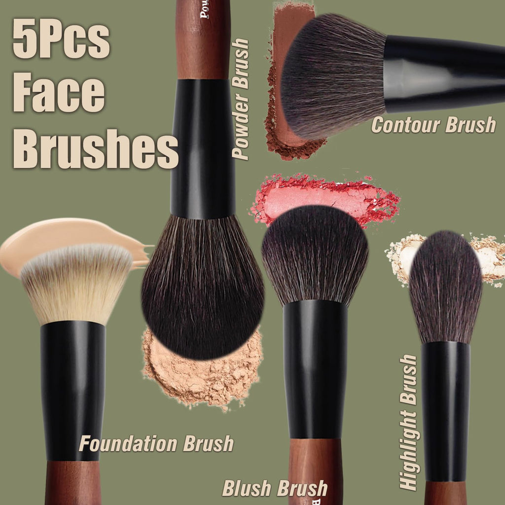 Makeup Brushes 16 Pcs Makeup Brush Set Professional, Wood Handle Travel Make Up Brushes Set with Case, Premium Cruelty-Free Synthetic Fiber Hair Makeup Brush Kit with Holder - TrustMedUSA