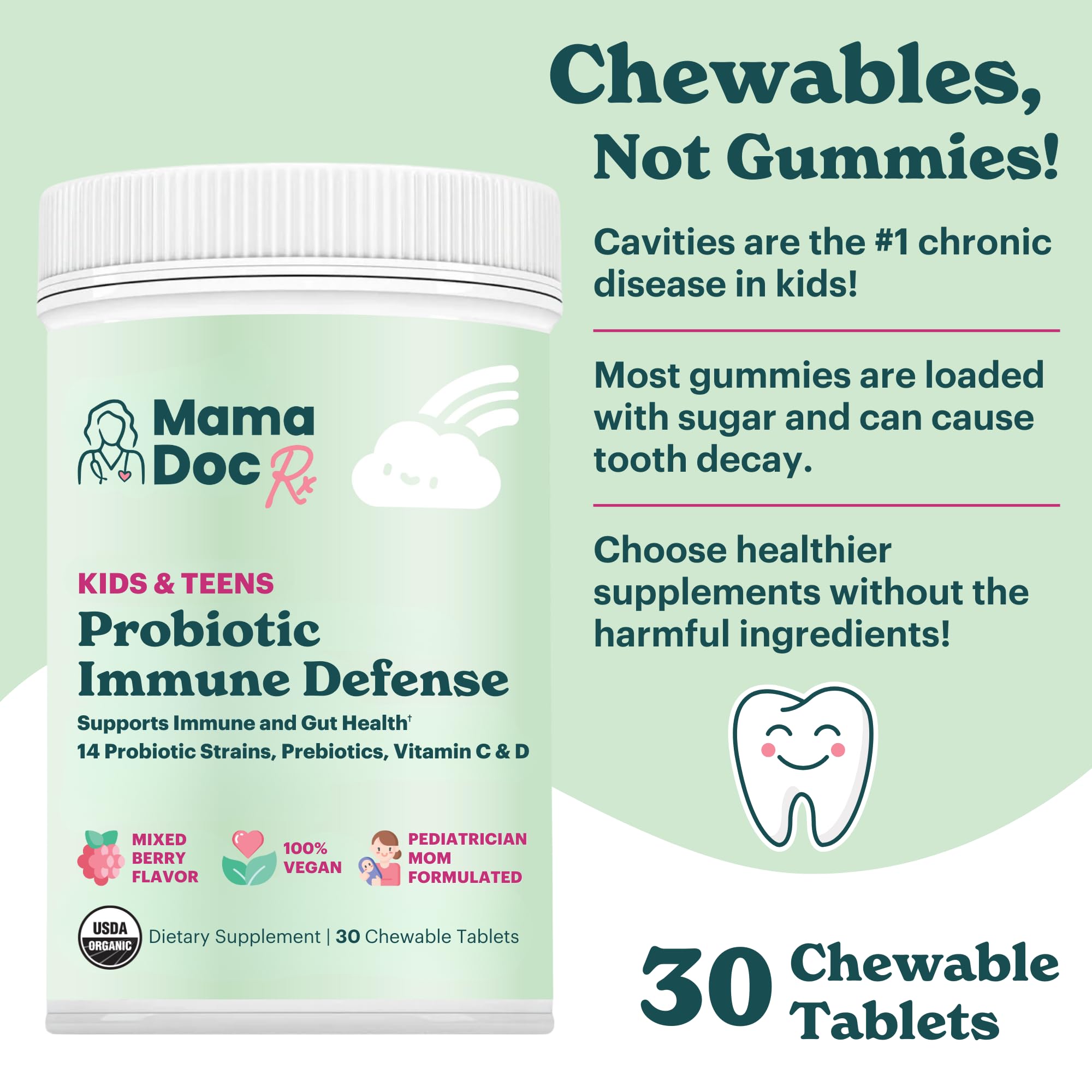 MamaDoc Rx Certified Organic Kids & Teens Probiotic Immune Defense - 5 Billion CFUs | Sugar Free, Vegan, Gluten-Free | 14 Probiotic Strains, Prebiotics, Vitamin C & D | 30 Chewable Tablets, Ages 4+ - TrustMedUSA