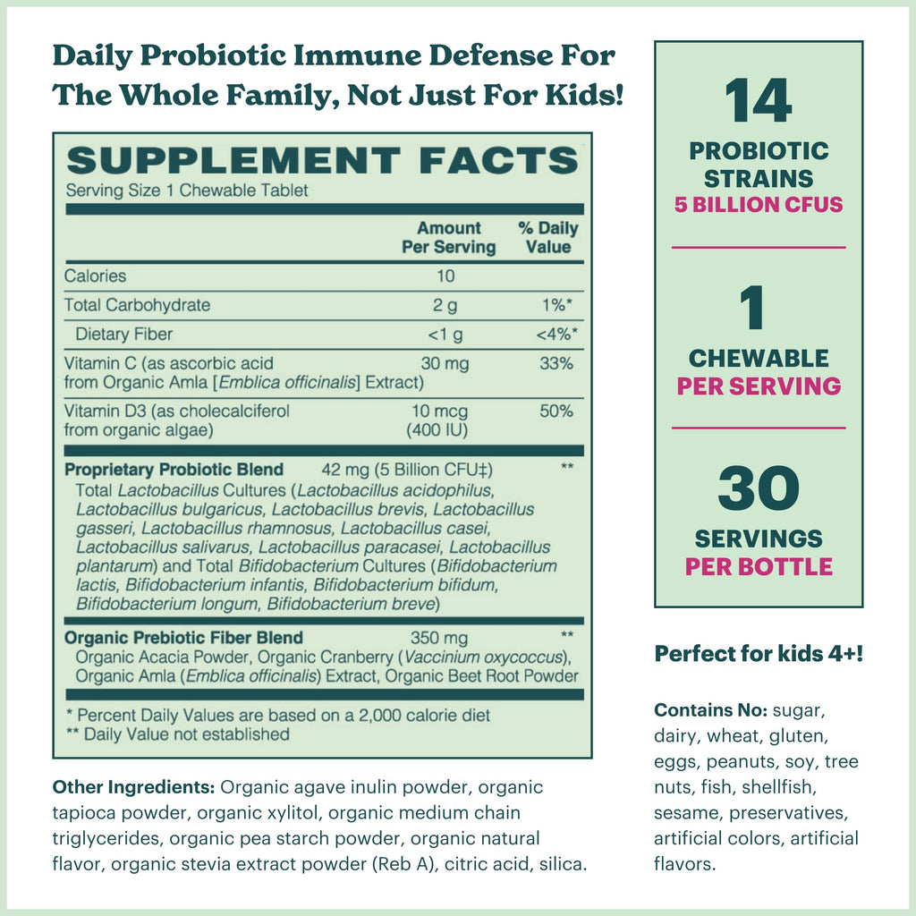 MamaDoc Rx Certified Organic Kids & Teens Probiotic Immune Defense - 5 Billion CFUs | Sugar Free, Vegan, Gluten-Free | 14 Probiotic Strains, Prebiotics, Vitamin C & D | 30 Chewable Tablets, Ages 4+ - TrustMedUSA
