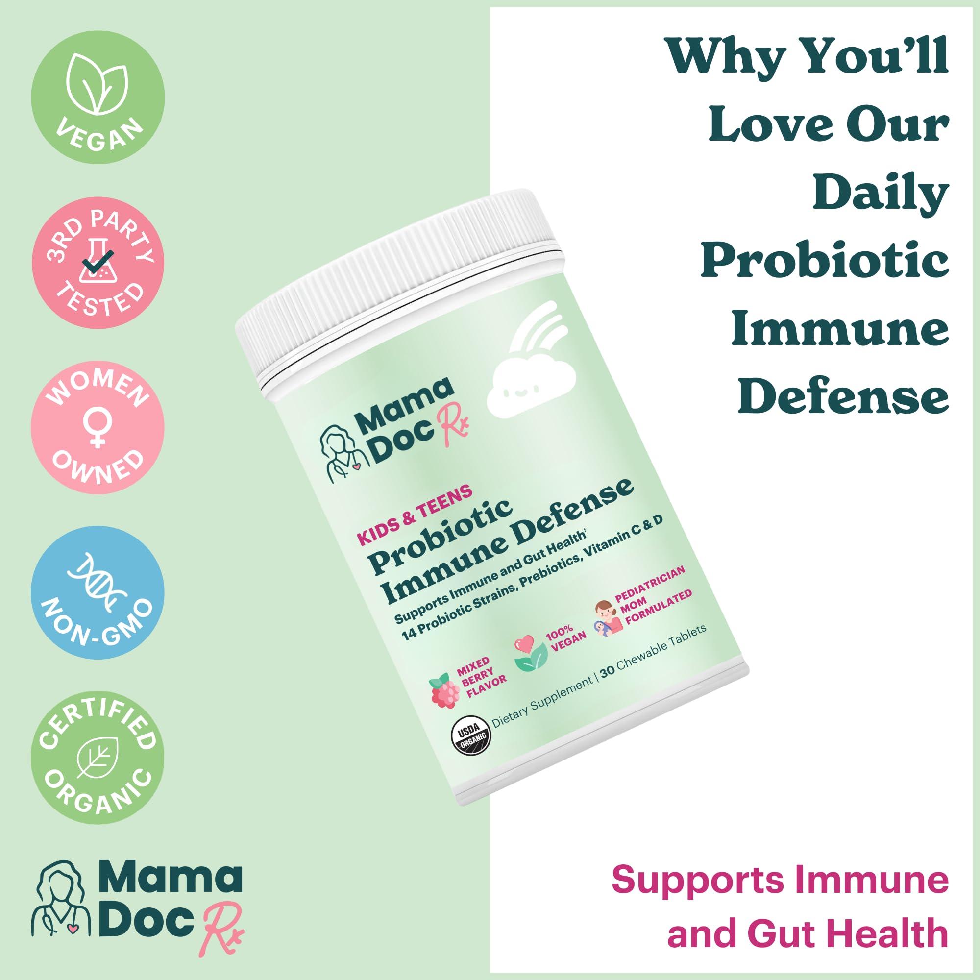 MamaDoc Rx Certified Organic Kids & Teens Probiotic Immune Defense - 5 Billion CFUs | Sugar Free, Vegan, Gluten-Free | 14 Probiotic Strains, Prebiotics, Vitamin C & D | 30 Chewable Tablets, Ages 4+ - TrustMedUSA