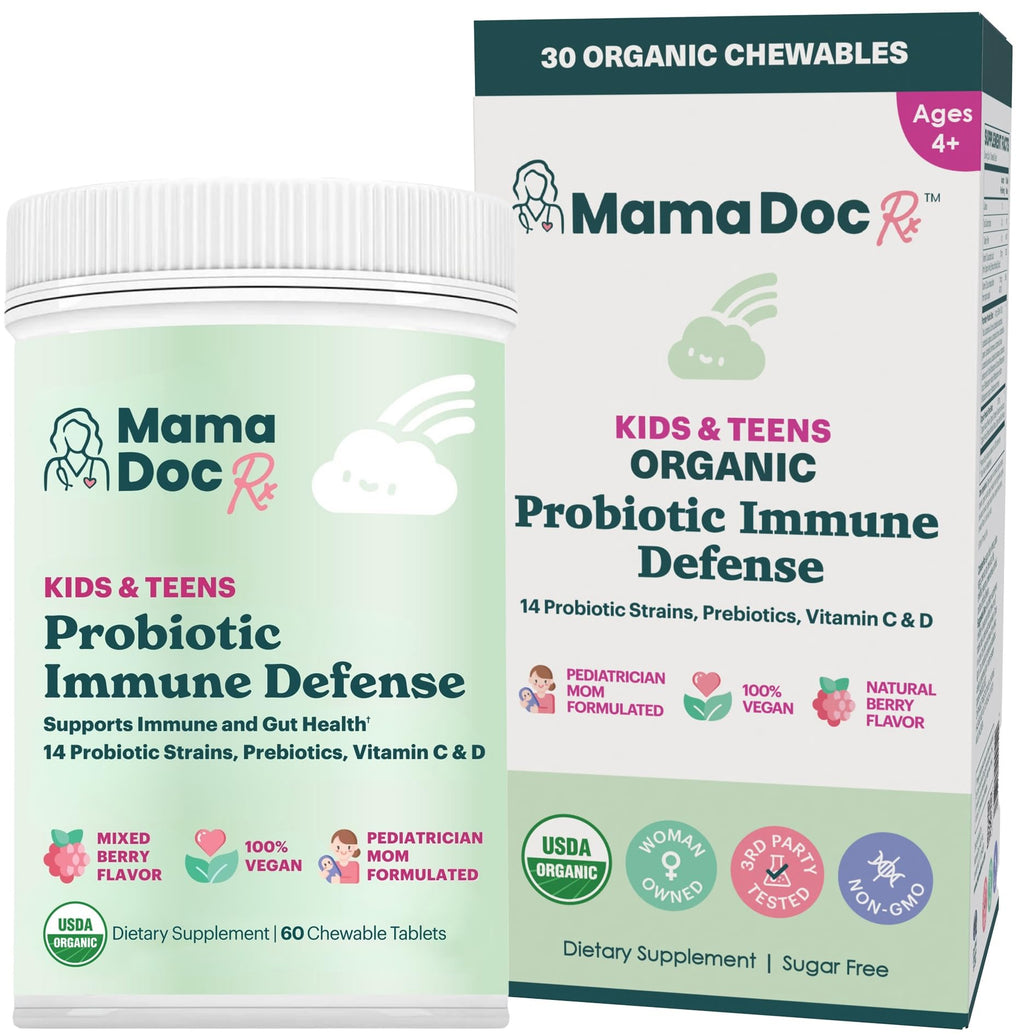 MamaDoc Rx Certified Organic Kids & Teens Probiotic Immune Defense - 5 Billion CFUs | Sugar Free, Vegan, Gluten-Free | 14 Probiotic Strains, Prebiotics, Vitamin C & D | 30 Chewable Tablets, Ages 4+ - TrustMedUSA
