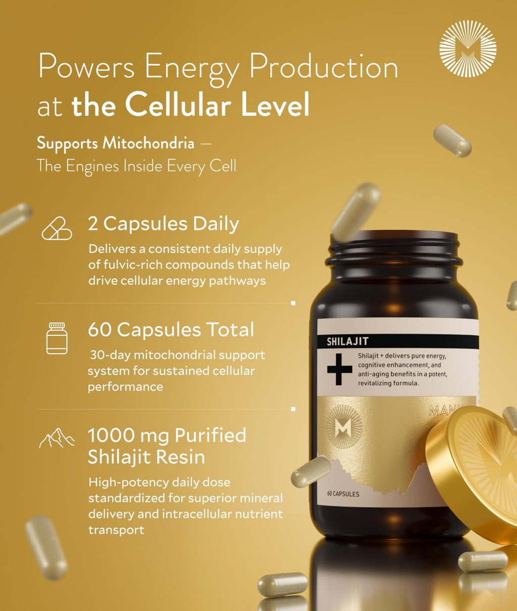Manna Vitality Shilajit+ Capsules | 1000mg Purified Himalayan Shilajit Resin Supplement | Highest Bioavailability | Energy, Performance, Detox, Vitality, Mental Clarity & Cognitive Support | 60 Count - TrustMedUSA