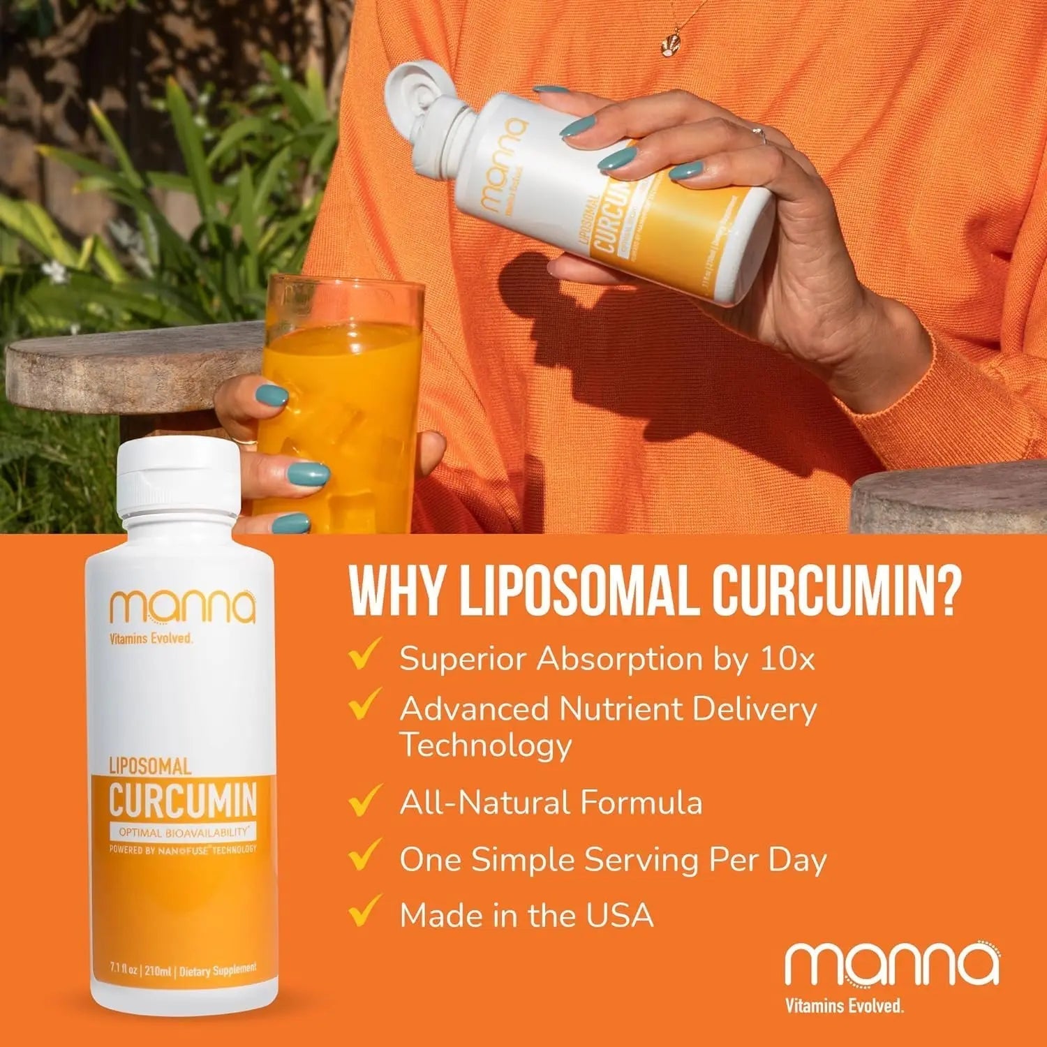 Manna Vitamins Evolved Liposomal Liquid Curcumin for Advanced Absorption Best Turmeric Supplement for Daily Joint & Immune Health Support - Vegan, Non-GMO, 95% Curcuminoids (1 Pack) - TrustMedUSA