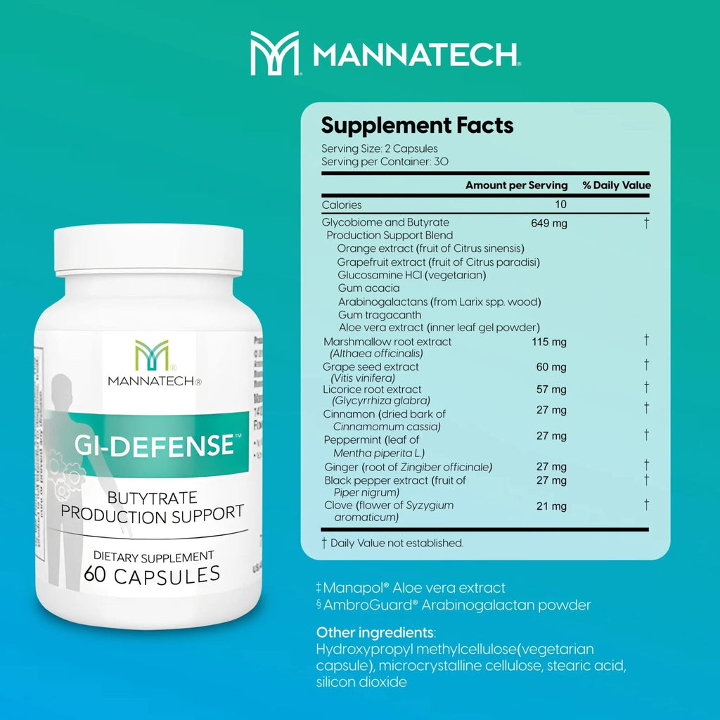 Mannatech Butyrate Supplement - Supports Gut Barrier Function, Intestinal Health, and Digestive Comfort - Promotes Short Chain Fatty Acid Production, Immune Support Supplement GI-Defense 60 Capsules - TrustMedUSA