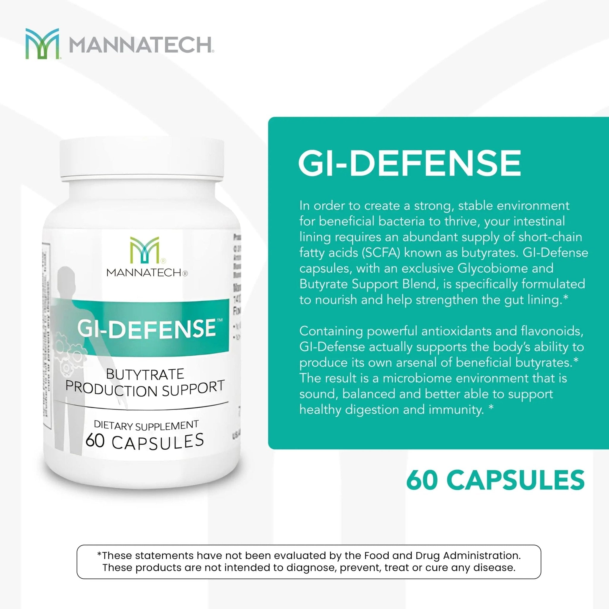 Mannatech Butyrate Supplement - Supports Gut Barrier Function, Intestinal Health, and Digestive Comfort - Promotes Short Chain Fatty Acid Production, Immune Support Supplement GI-Defense 60 Capsules - TrustMedUSA