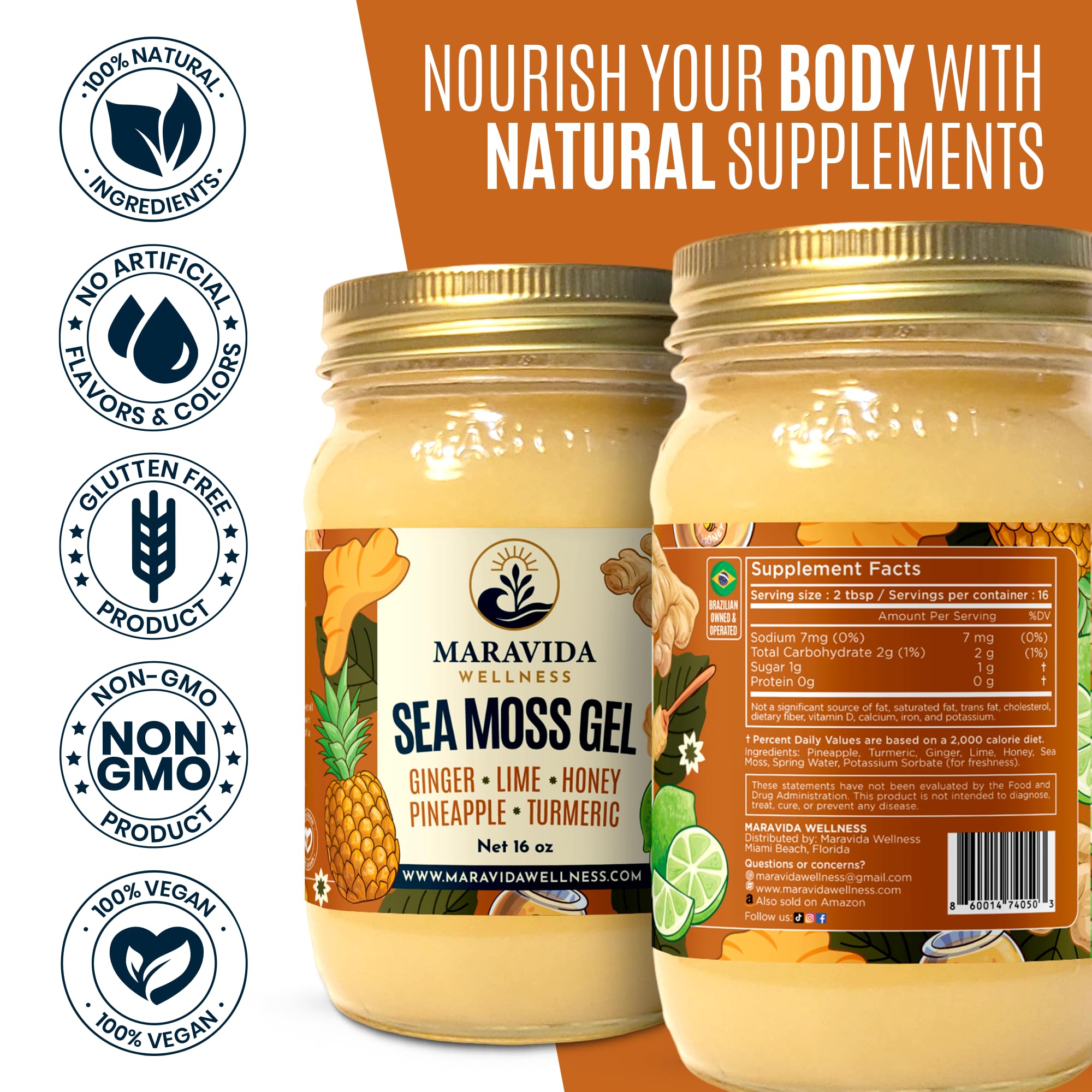 Maravida Wellness Sea Moss Gel – Pineapple, Lime, Honey, Ginger & Turmeric – 100% Natural Raw Organic Irish Moss – 16oz Jar – Premium Superfood for Everyday Wellness - TrustMedUSA