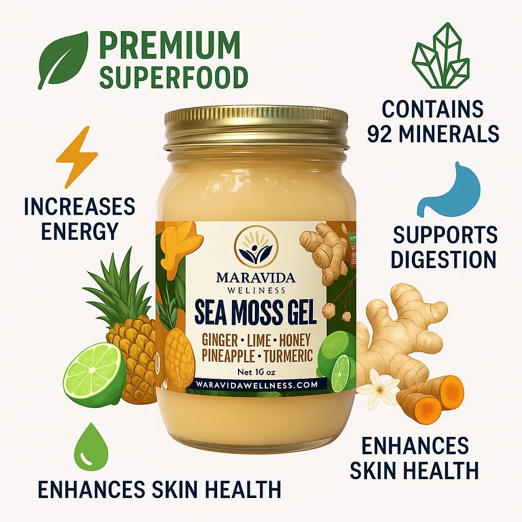 Maravida Wellness Sea Moss Gel – Pineapple, Lime, Honey, Ginger & Turmeric – 100% Natural Raw Organic Irish Moss – 16oz Jar – Premium Superfood for Everyday Wellness - TrustMedUSA