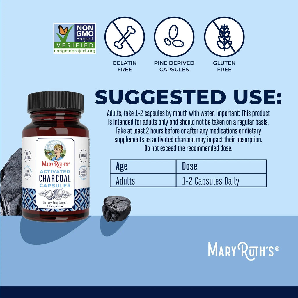 MaryRuth Organics Activated Charcoal Capsules | Substance Adsorption | Derived from Coconut Shells | Vegan Capsules from Pine Trees | Non-GMO | Gluten Free | 40 Count - TrustMedUSA