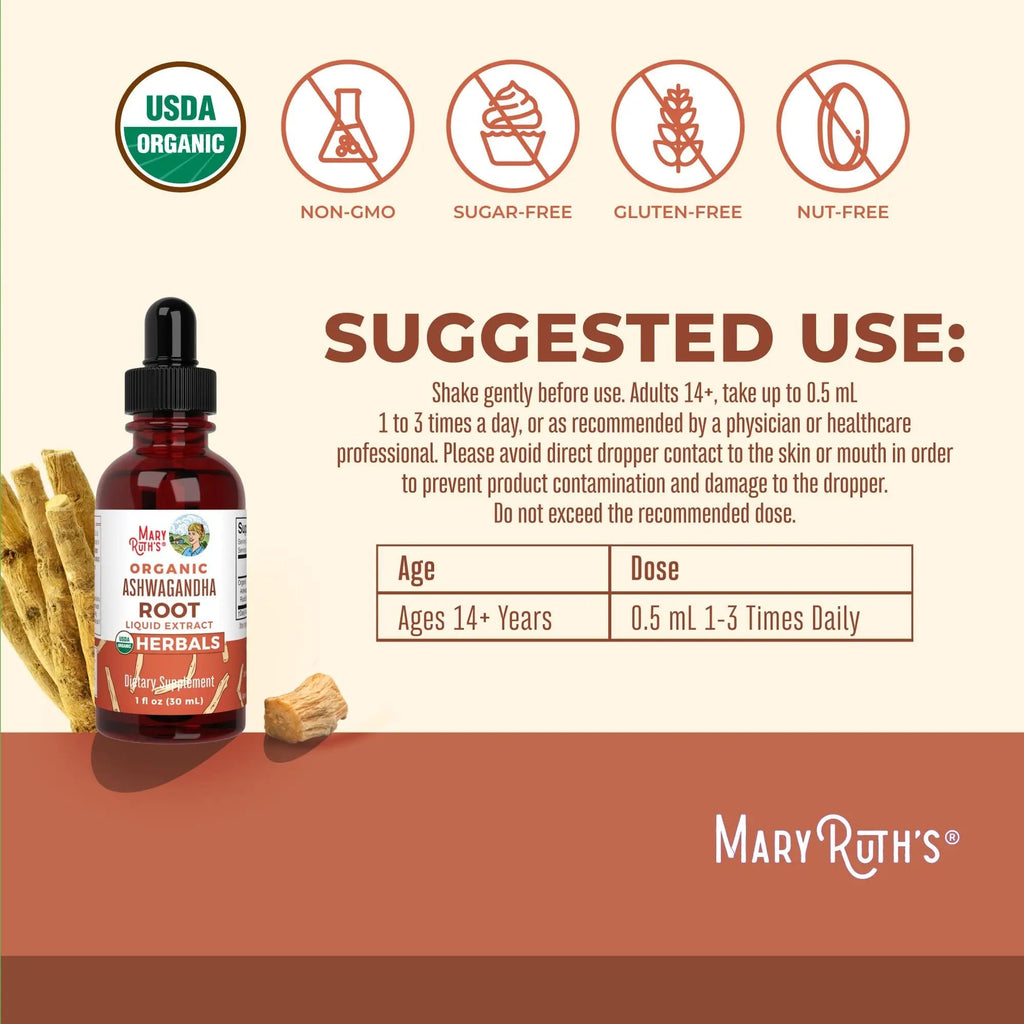 MaryRuth Organics Ashwagandha Root | USDA Organic Ashwagandha Liquid Drops | Stress Relief, Natural Calm, Relaxation and Mood Support Supplement | Adaptogenic | Nervine | Vegan | Non-GMO | 60 Servings - TrustMedUSA