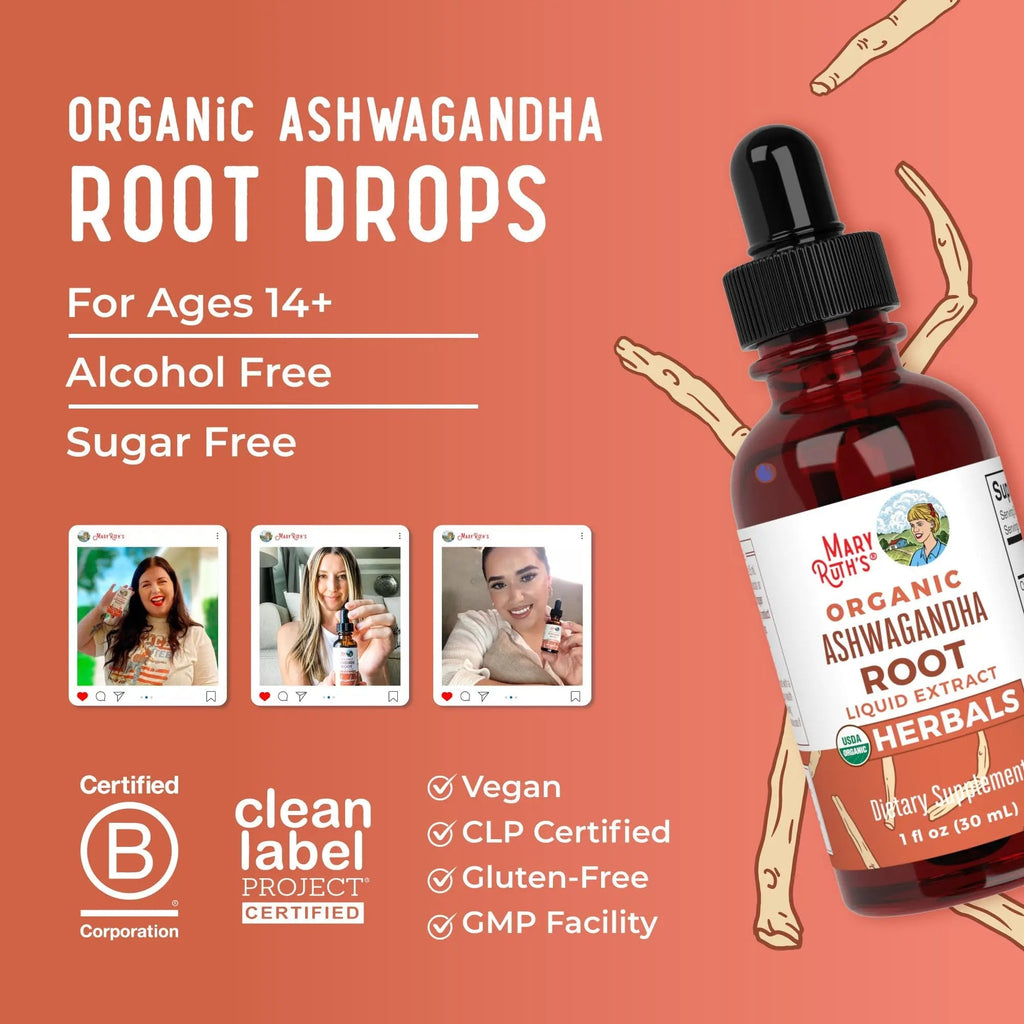 MaryRuth Organics Ashwagandha Root | USDA Organic Ashwagandha Liquid Drops | Stress Relief, Natural Calm, Relaxation and Mood Support Supplement | Adaptogenic | Nervine | Vegan | Non-GMO | 60 Servings - TrustMedUSA