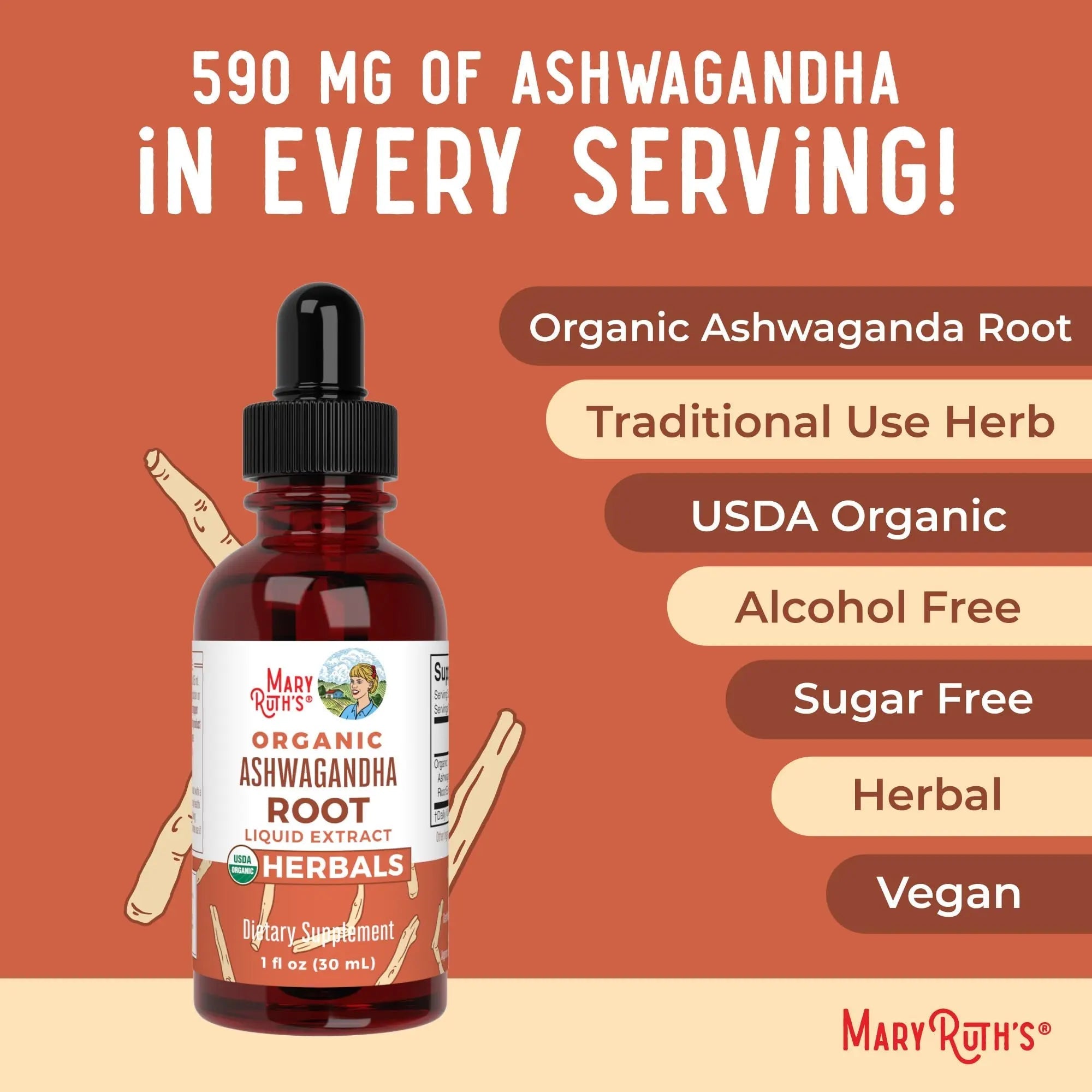 MaryRuth Organics Ashwagandha Root | USDA Organic Ashwagandha Liquid Drops | Stress Relief, Natural Calm, Relaxation and Mood Support Supplement | Adaptogenic | Nervine | Vegan | Non-GMO | 60 Servings - TrustMedUSA