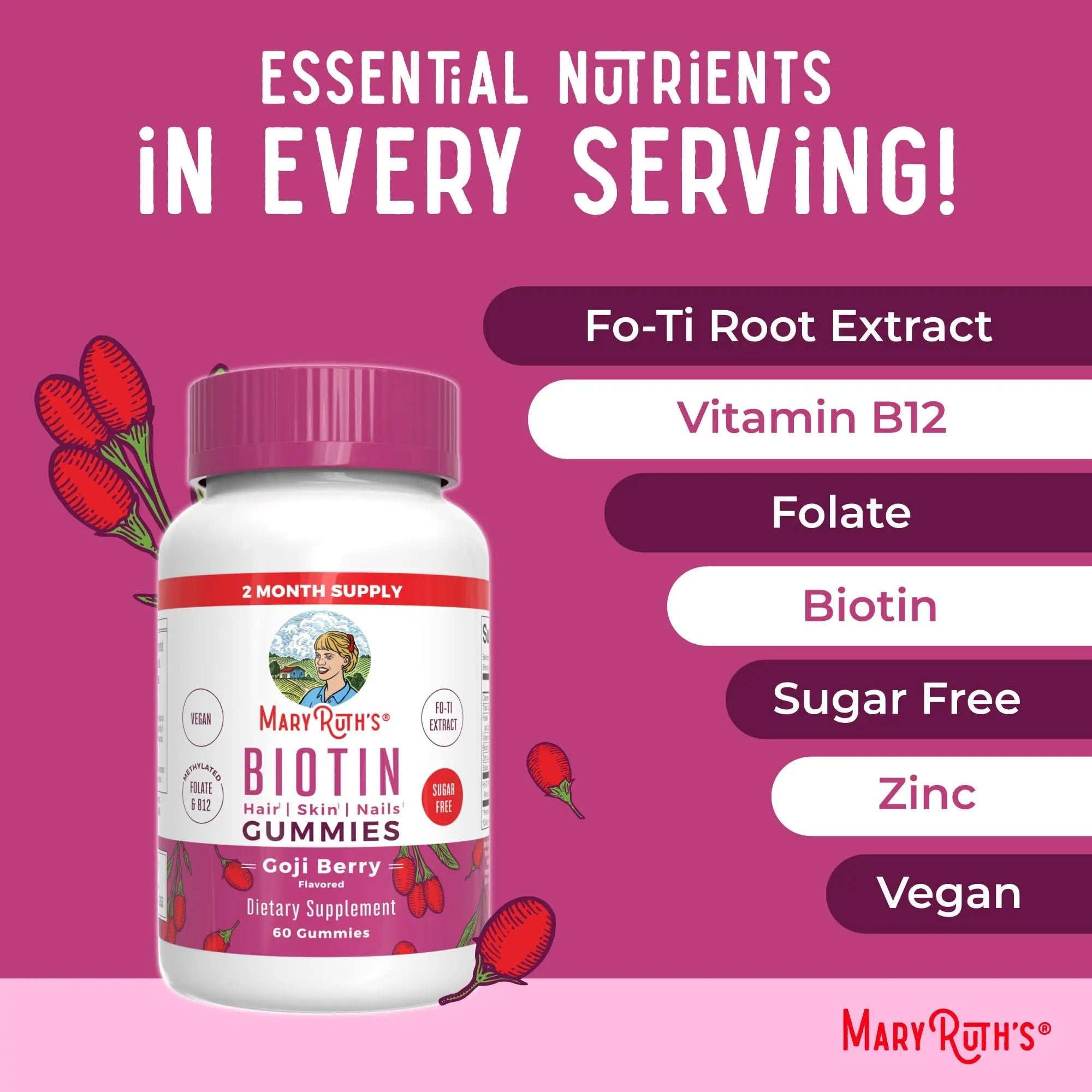 MaryRuth Organics Biotin Gummies | Sugar Free | Vegan | Non-GMO | 2,500 mcg Biotin Supplement | Hair Skin and Nails Vitamins | Hair Growth Vitamins | Hair Growth Supplement | 60 Count - TrustMedUSA