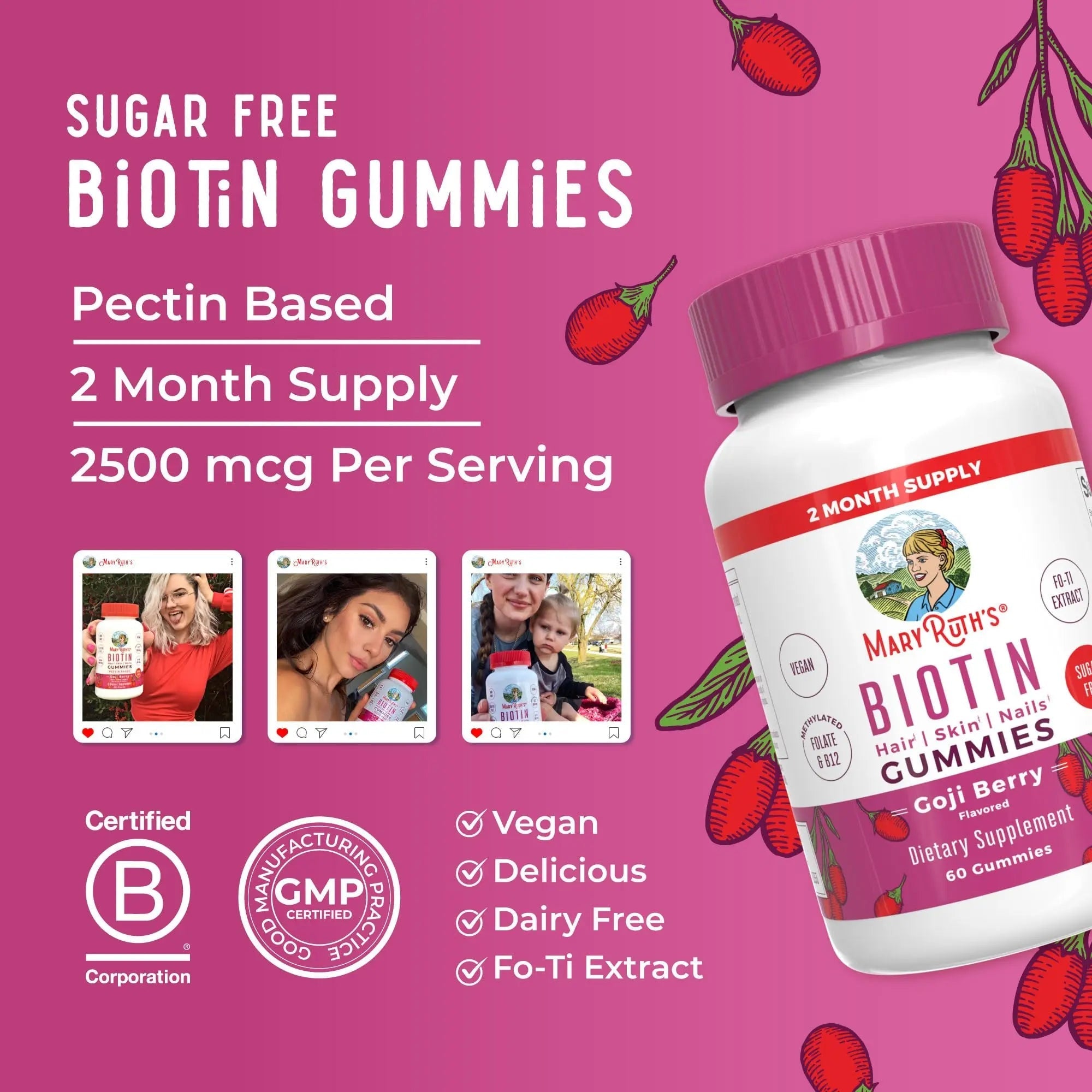 MaryRuth Organics Biotin Gummies | Sugar Free | Vegan | Non-GMO | 2,500 mcg Biotin Supplement | Hair Skin and Nails Vitamins | Hair Growth Vitamins | Hair Growth Supplement | 60 Count - TrustMedUSA