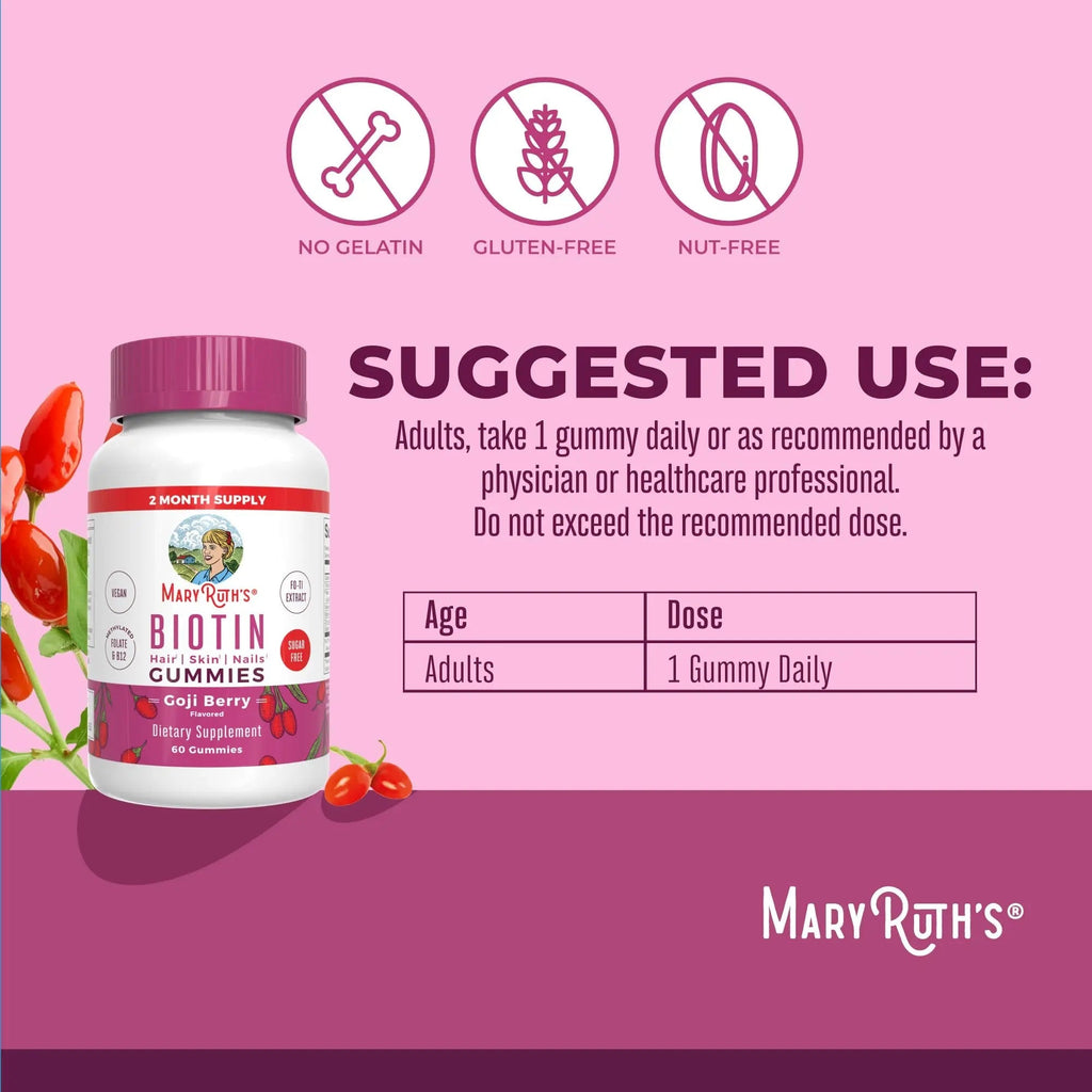 MaryRuth Organics Biotin Gummies | Sugar Free | Vegan | Non-GMO | 2,500 mcg Biotin Supplement | Hair Skin and Nails Vitamins | Hair Growth Vitamins | Hair Growth Supplement | 60 Count - TrustMedUSA