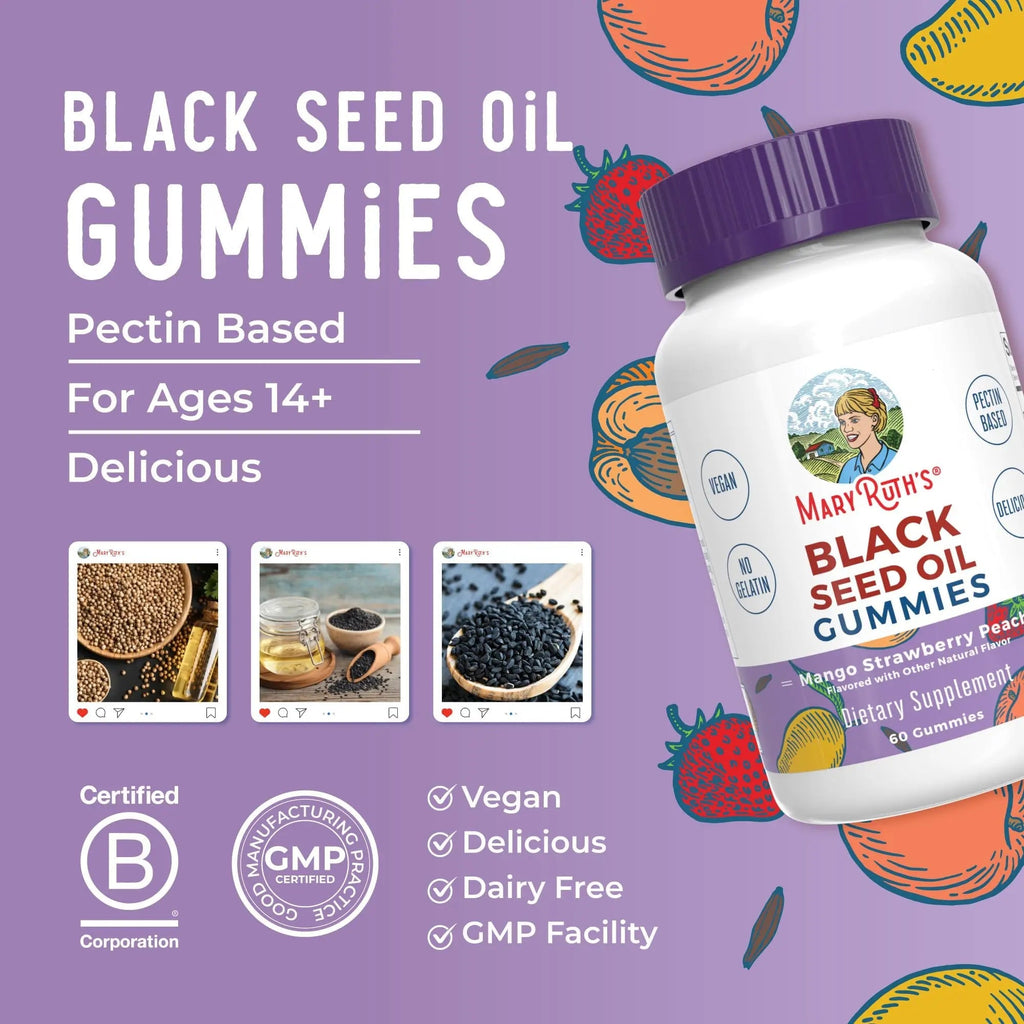 MaryRuth Organics Black Seed Oil Gummies | Black Cumin Seed Oil Supplement | Traditionally Used for Immune Support & Cardiovascular Health | Vegan | No Gelatin | Pectin Based | 60 Gummies - TrustMedUSA