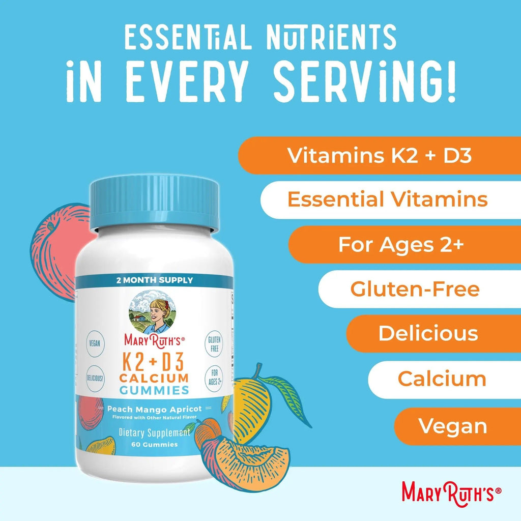 MaryRuth Organics Calcium with Vitamin D & Vitamin K2, 2 Month Supply, Calcium Supplement Supports Bone Health & Joint Support, with Vitamins D3 K2 Gummies, Vegan, Non-GMO, Gluten Free, 60 Count - TrustMedUSA