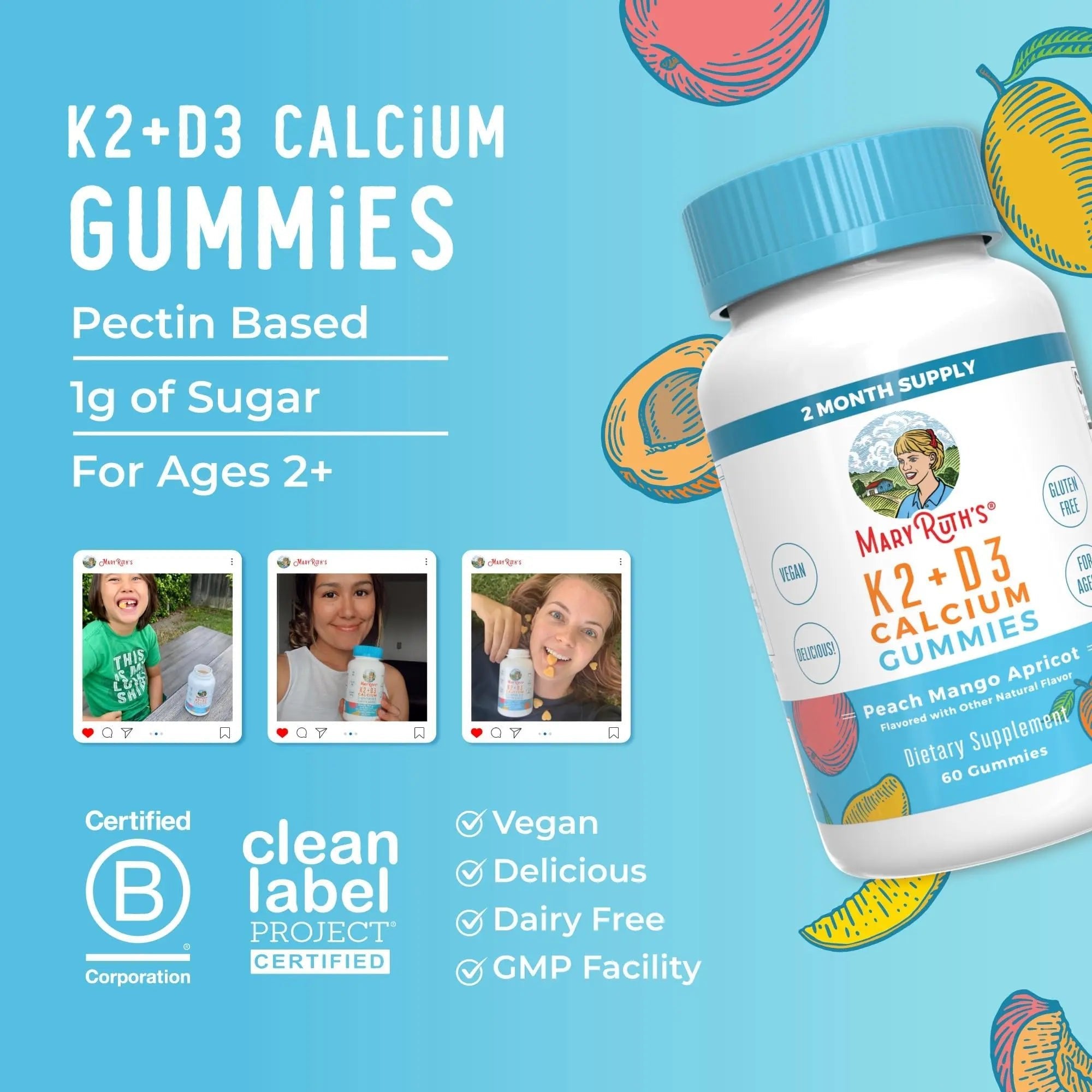 MaryRuth Organics Calcium with Vitamin D & Vitamin K2, 2 Month Supply, Calcium Supplement Supports Bone Health & Joint Support, with Vitamins D3 K2 Gummies, Vegan, Non-GMO, Gluten Free, 60 Count - TrustMedUSA