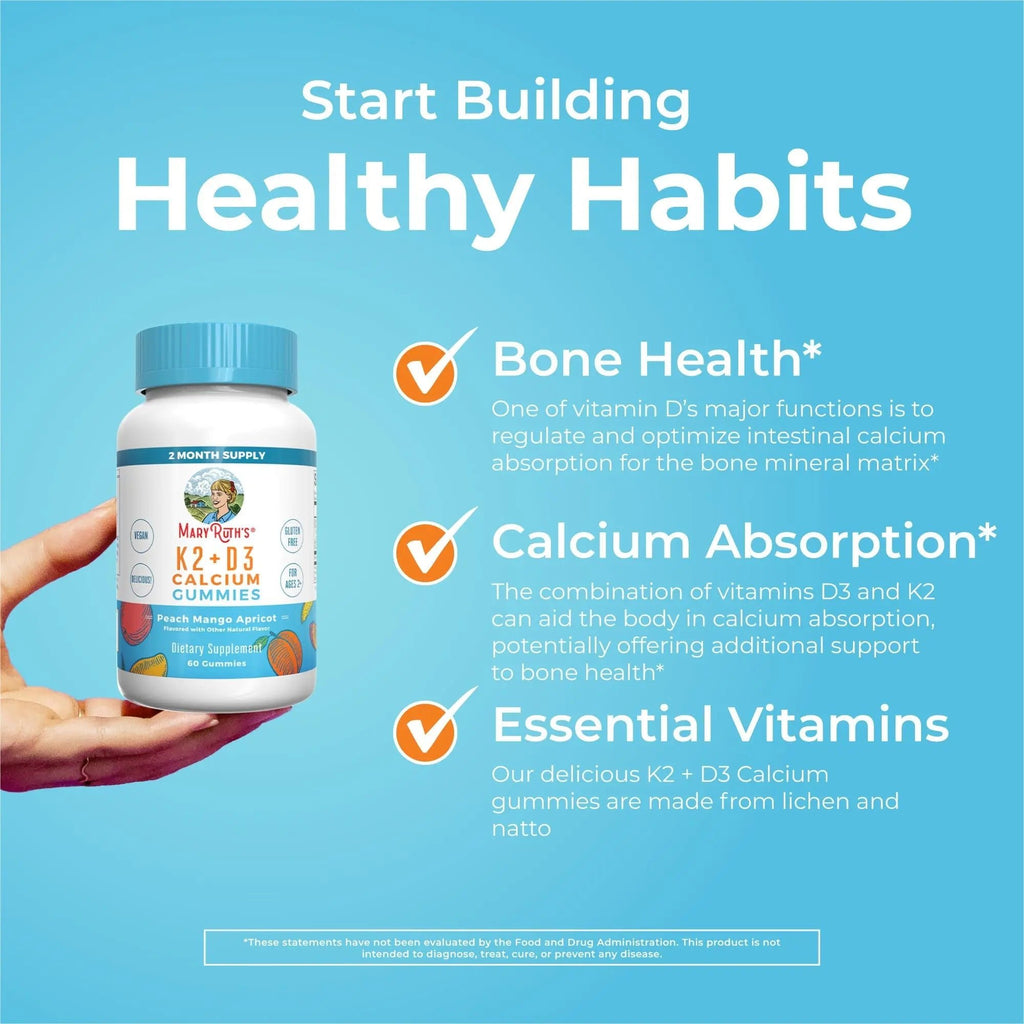 MaryRuth Organics Calcium with Vitamin D & Vitamin K2, 2 Month Supply, Calcium Supplement Supports Bone Health & Joint Support, with Vitamins D3 K2 Gummies, Vegan, Non-GMO, Gluten Free, 60 Count - TrustMedUSA