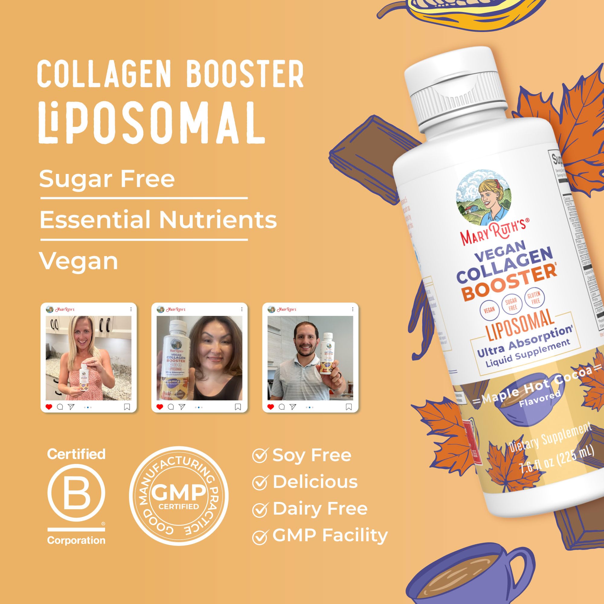 MaryRuth Organics Collagen Booster Liposomal, Sugar Free, Liquid Collagen Booster with Vitamin C, Vitamin E, Zinc, Copper & Silica, Skin Care & Joint Support Supplement, Vegan, Non-GMO, 7.6 Fl Oz - Maple Wellness Supplements