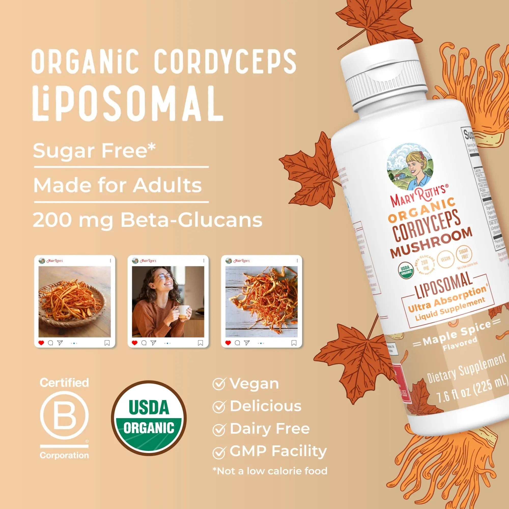 MaryRuth Organics Cordyceps Mushroom Supplement | Ultra Absorption Liposomal | Full Spectrum Mushroom | 200mg Beta-Glucans Per Serving | USDA Organic | Vegan | 7.6 oz | 15 Servings - TrustMedUSA