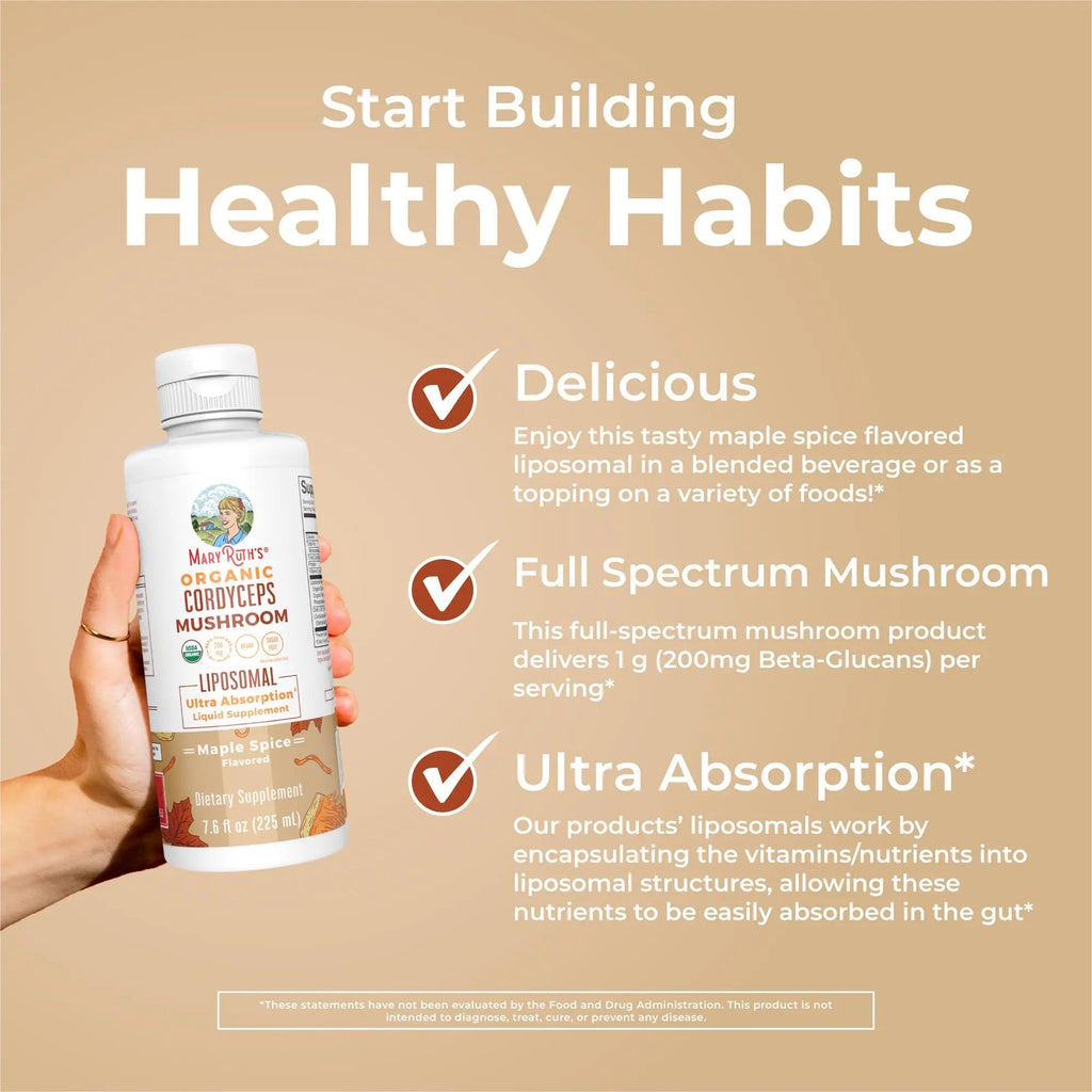 MaryRuth Organics Cordyceps Mushroom Supplement | Ultra Absorption Liposomal | Full Spectrum Mushroom | 200mg Beta-Glucans Per Serving | USDA Organic | Vegan | 7.6 oz | 15 Servings - TrustMedUSA