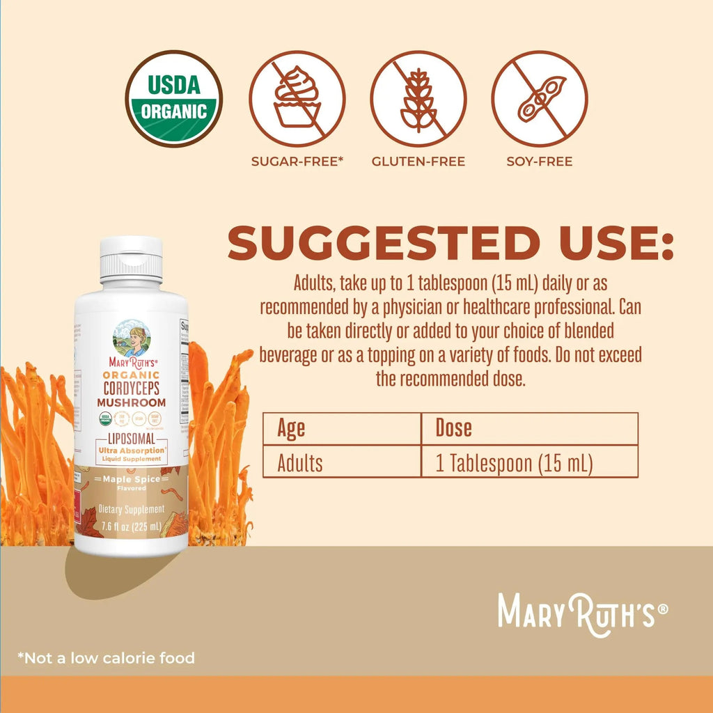MaryRuth Organics Cordyceps Mushroom Supplement | Ultra Absorption Liposomal | Full Spectrum Mushroom | 200mg Beta-Glucans Per Serving | USDA Organic | Vegan | 7.6 oz | 15 Servings - TrustMedUSA