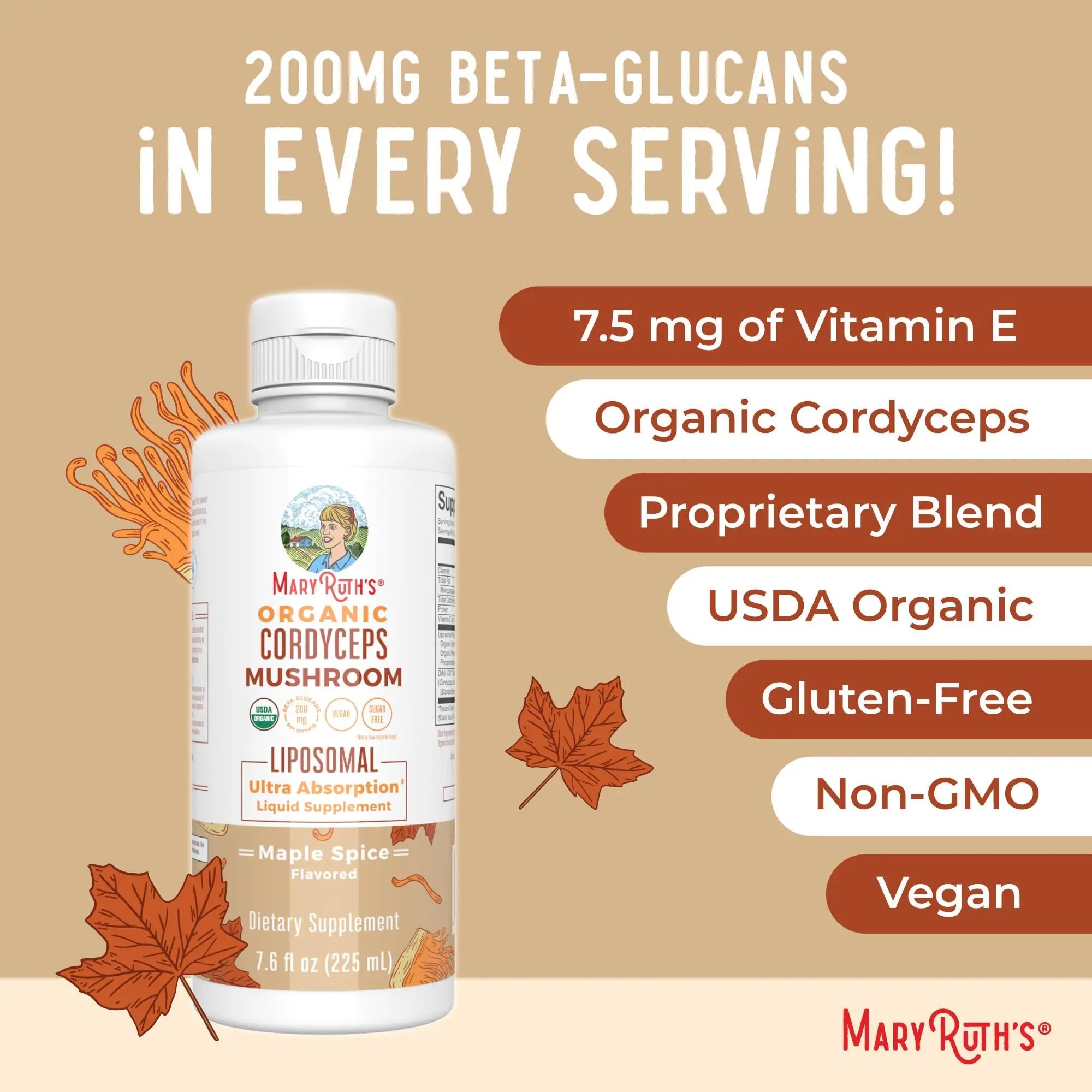 MaryRuth Organics Cordyceps Mushroom Supplement | Ultra Absorption Liposomal | Full Spectrum Mushroom | 200mg Beta-Glucans Per Serving | USDA Organic | Vegan | 7.6 oz | 15 Servings - TrustMedUSA