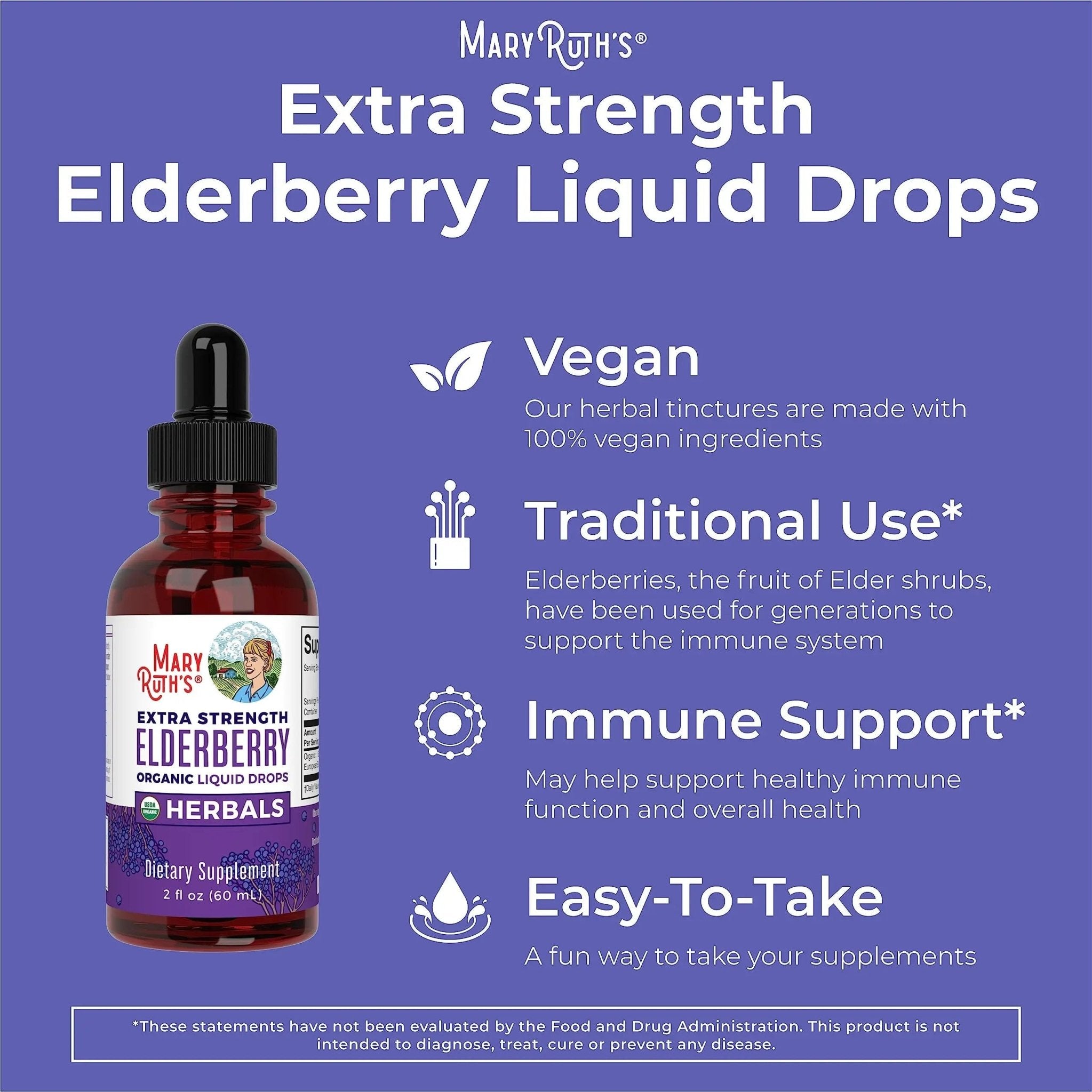 MaryRuth Organics Elderberry Syrup Extra Strength, USDA Organic Elderberry, Sugar Free Adults & Kids Immune Support Supplement for Ages 1+, Clean Label Project Verified®, Vegan, Gluten Free, 2 Fl Oz - TrustMedUSA