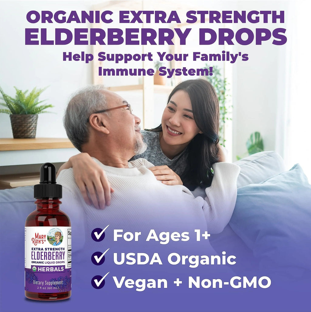 MaryRuth Organics Elderberry Syrup Extra Strength, USDA Organic Elderberry, Sugar Free Adults & Kids Immune Support Supplement for Ages 1+, Clean Label Project Verified®, Vegan, Gluten Free, 2 Fl Oz - TrustMedUSA
